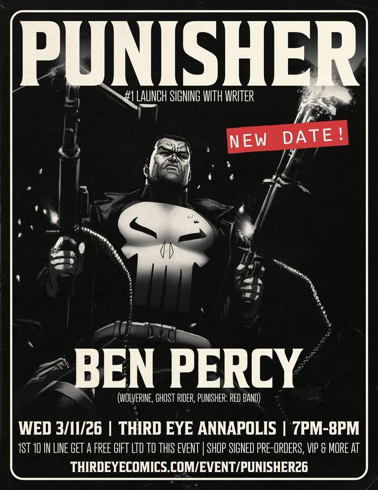 A black-and-white poster for a Punisher comic launch event features the character holding two guns, with event details and "New Date!" highlighted in red.