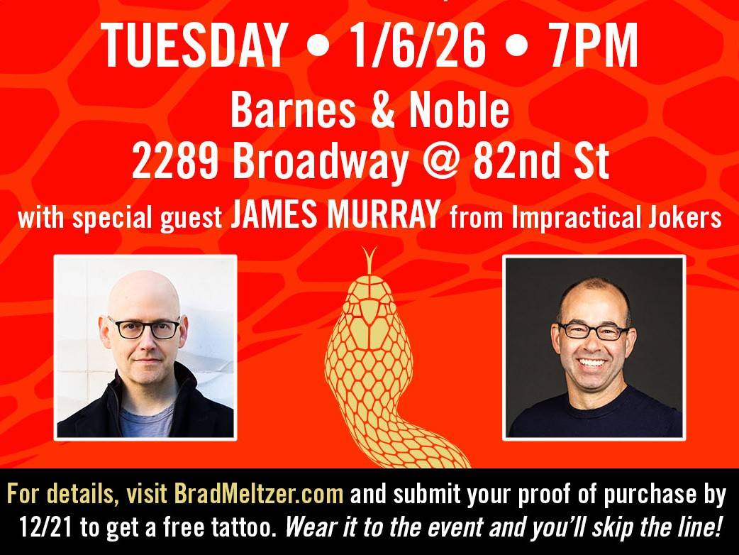 Event poster for a book signing at Barnes & Noble, 2289 Broadway at 82nd St, on 1/6/26 at 7PM, featuring Brad Meltzer and guest James Murray from Impractical Jokers.