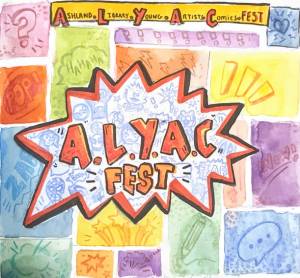 Colorful poster for the Ashland Library Young Artists Comic Fest (A.L.Y.A.C. Fest) with doodles and comic-style elements in pastel squares.