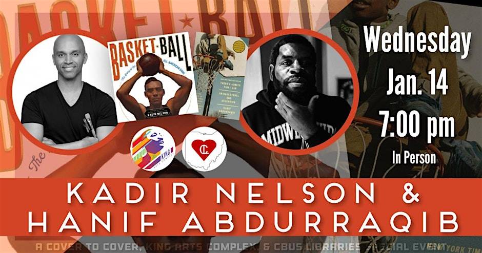 Event flyer featuring photos of Kadir Nelson and Hanif Abdurraqib, book covers, and event details: Wednesday, Jan. 14, 7:00 pm, in person.