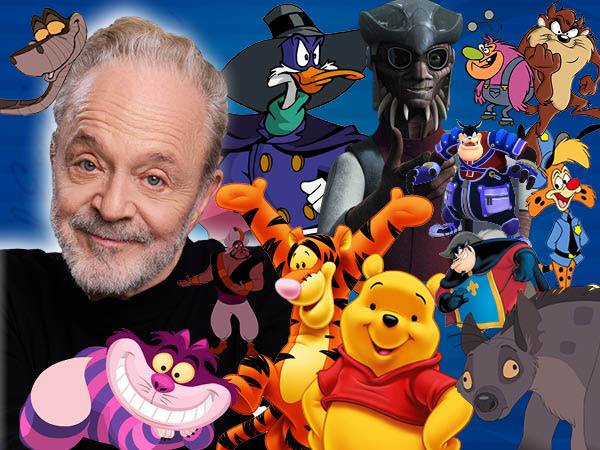 A man smiling is surrounded by various animated characters, including Tigger, Winnie the Pooh, Cheshire Cat, Darkwing Duck, Pete, and others against a blue background.