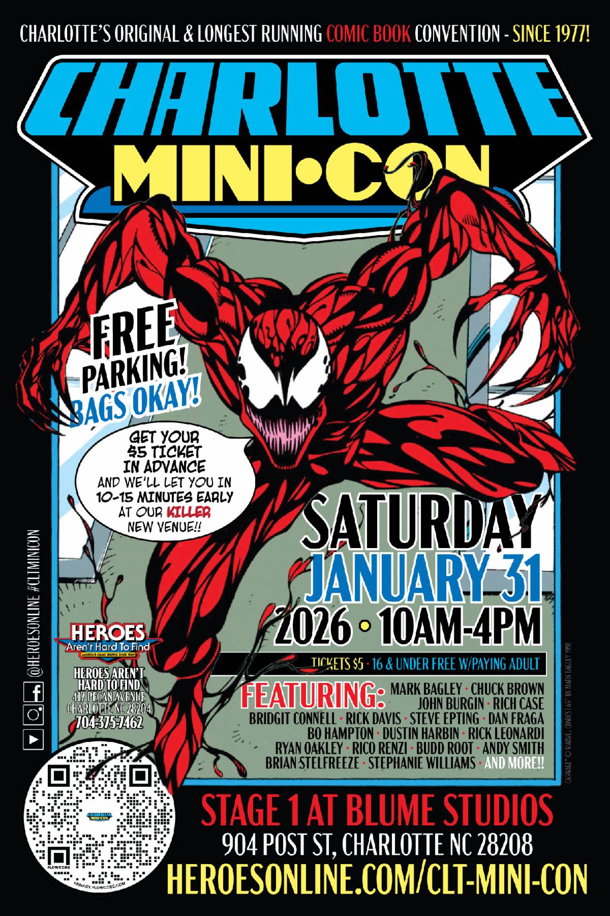 Poster for Charlotte Mini-Con 2026 featuring a red comic book character, event details, guest list, and highlights such as free parking and location at Blume Studios.