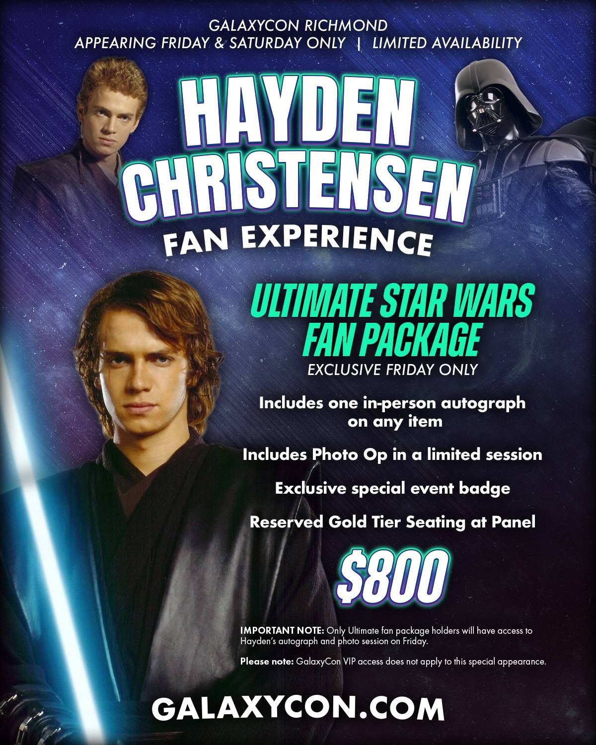 Promotional poster for the Hayden Christensen Fan Experience at GalaxyCon Richmond, featuring Star Wars imagery and details about an $800 fan package.