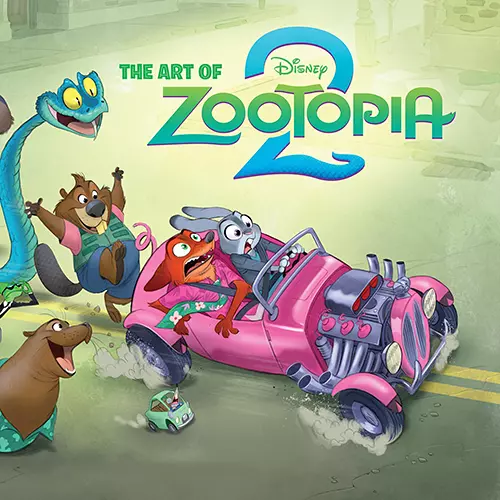 Animated poster for "The Art of Zootopia 2" shows Judy Hopps and Nick Wilde driving a pink car, with various animal characters reacting excitedly in the background.