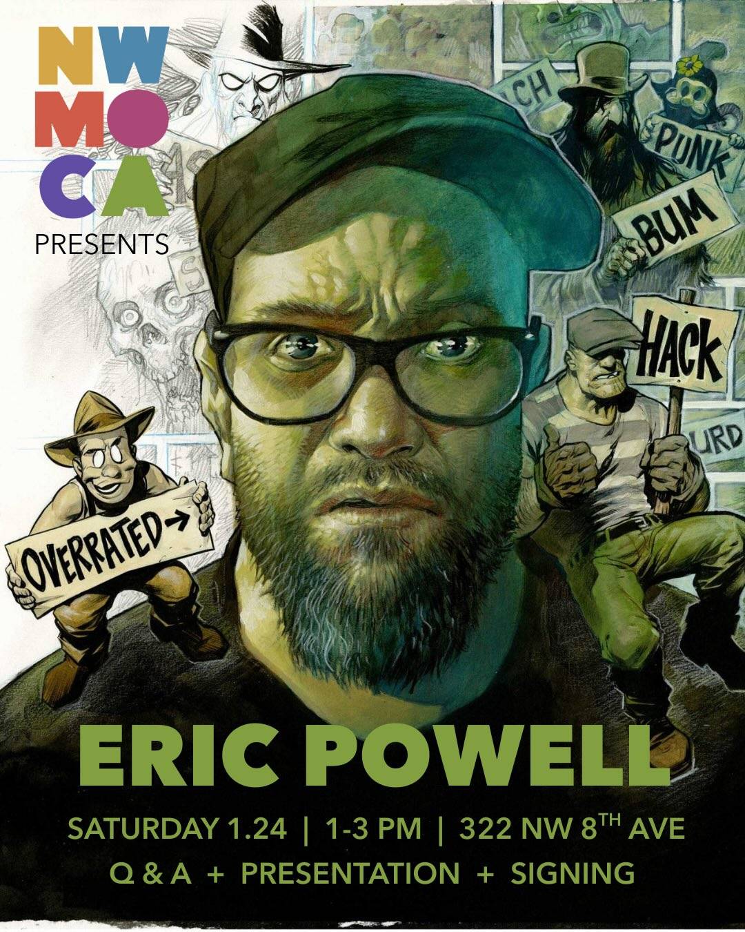 Promotional poster for an Eric Powell event at NWMCA, featuring his illustrated characters and event details for a presentation, Q&A, and signing on Saturday 1.24.