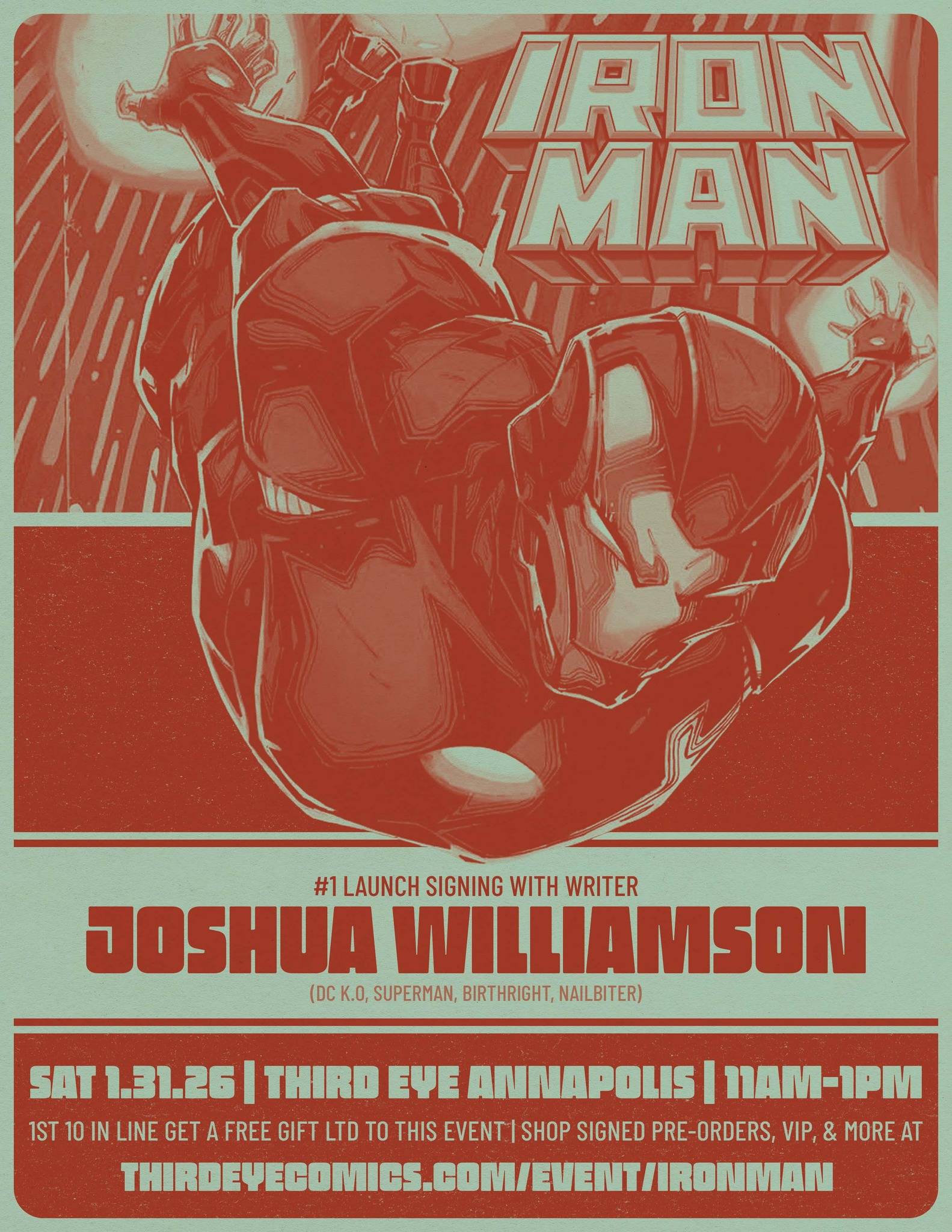 Poster for an Iron Man comic launch signing with writer Joshua Williamson, held at Third Eye Annapolis on Saturday, January 31, from 11 a.m. to 1 p.m.