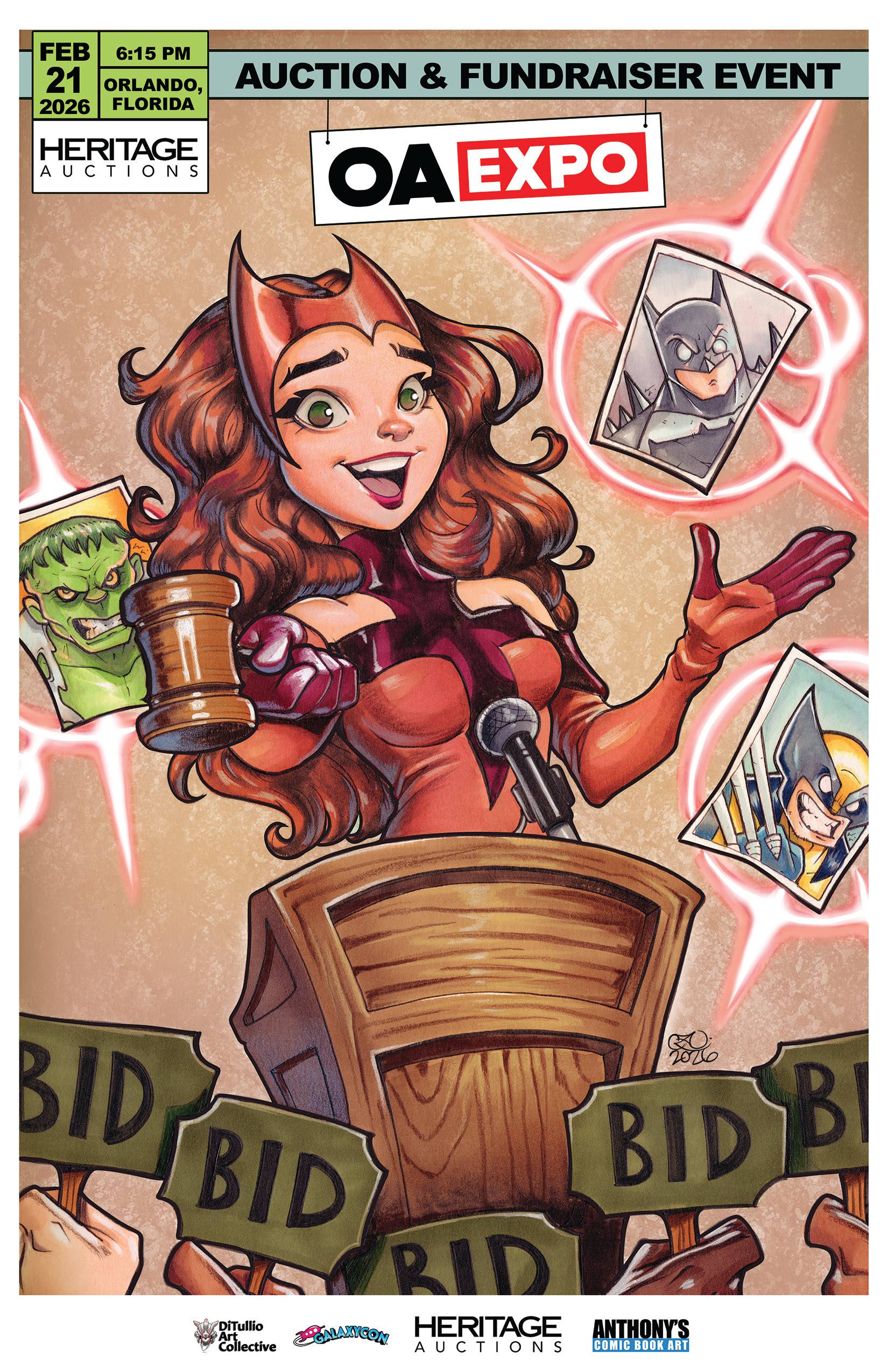 Illustration of a woman in a red costume speaking at a podium surrounded by "BID" signs, with event details for an auction and fundraiser in Orlando on February 21, 2026.