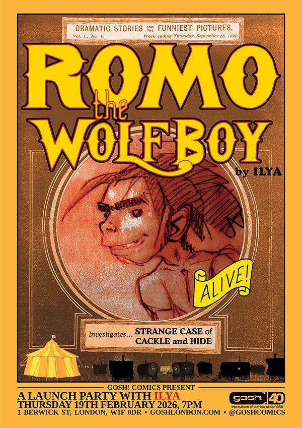 Poster for "Romo the Wolfboy" comic launch event, featuring an illustrated boy with wolf ears, bold text, and event details at the bottom.