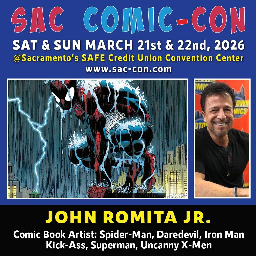 Promotional poster for SAC Comic-Con 2026 featuring guest John Romita Jr., comic book artist known for Spider-Man, Daredevil, Iron Man, Kick-Ass, Superman, and Uncanny X-Men.