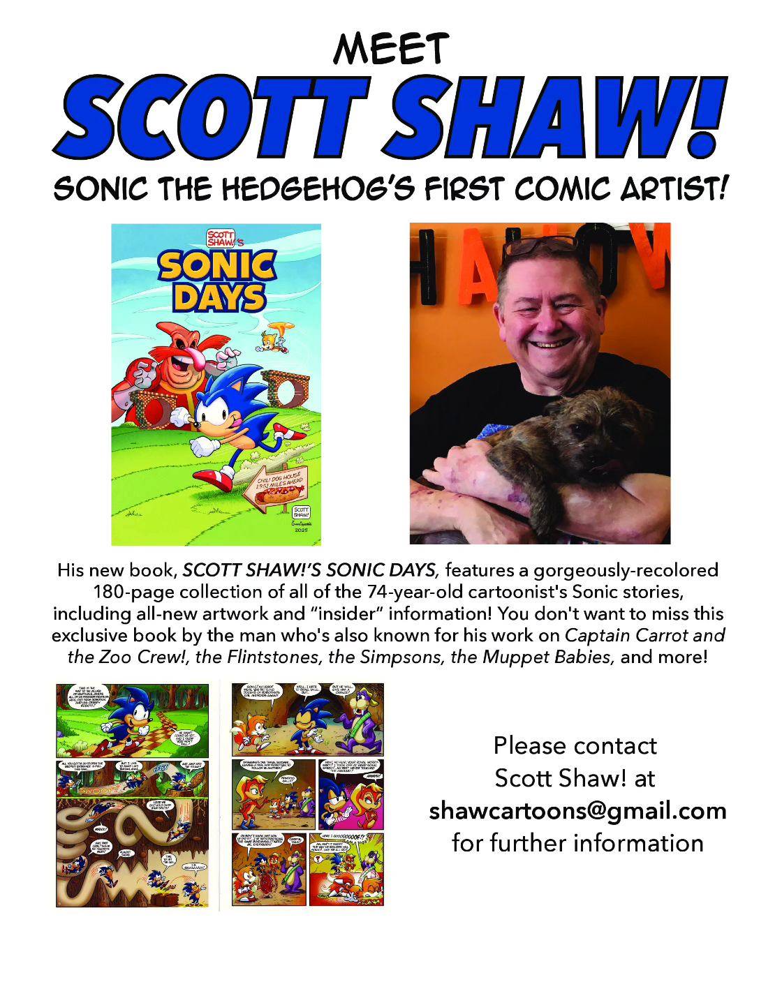 A flyer featuring Scott Shaw! holding a cat, promoting his book "Sonic Days" and highlighting his work as the first Sonic the Hedgehog comic artist. Contact info is provided.