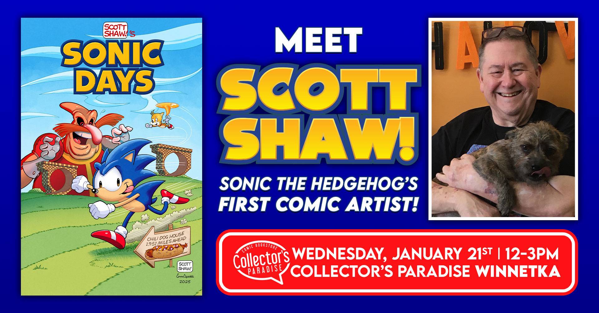 Promotional image for a meet-and-greet event with Scott Shaw, Sonic the Hedgehog's first comic artist, at Collector's Paradise Winnetka on Wednesday, January 21, 12-3 PM.