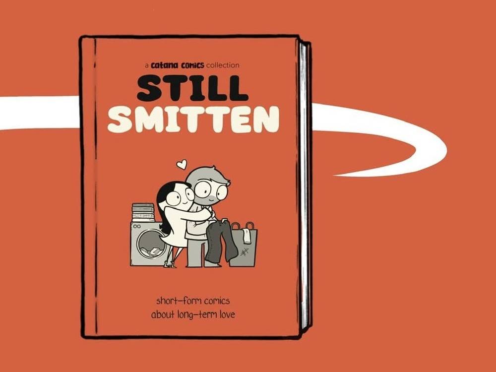 Book cover illustration for "Still Smitten" by Catana Comics, showing a couple hugging in a laundry room, with the tagline "short-form comics about long-term love.
