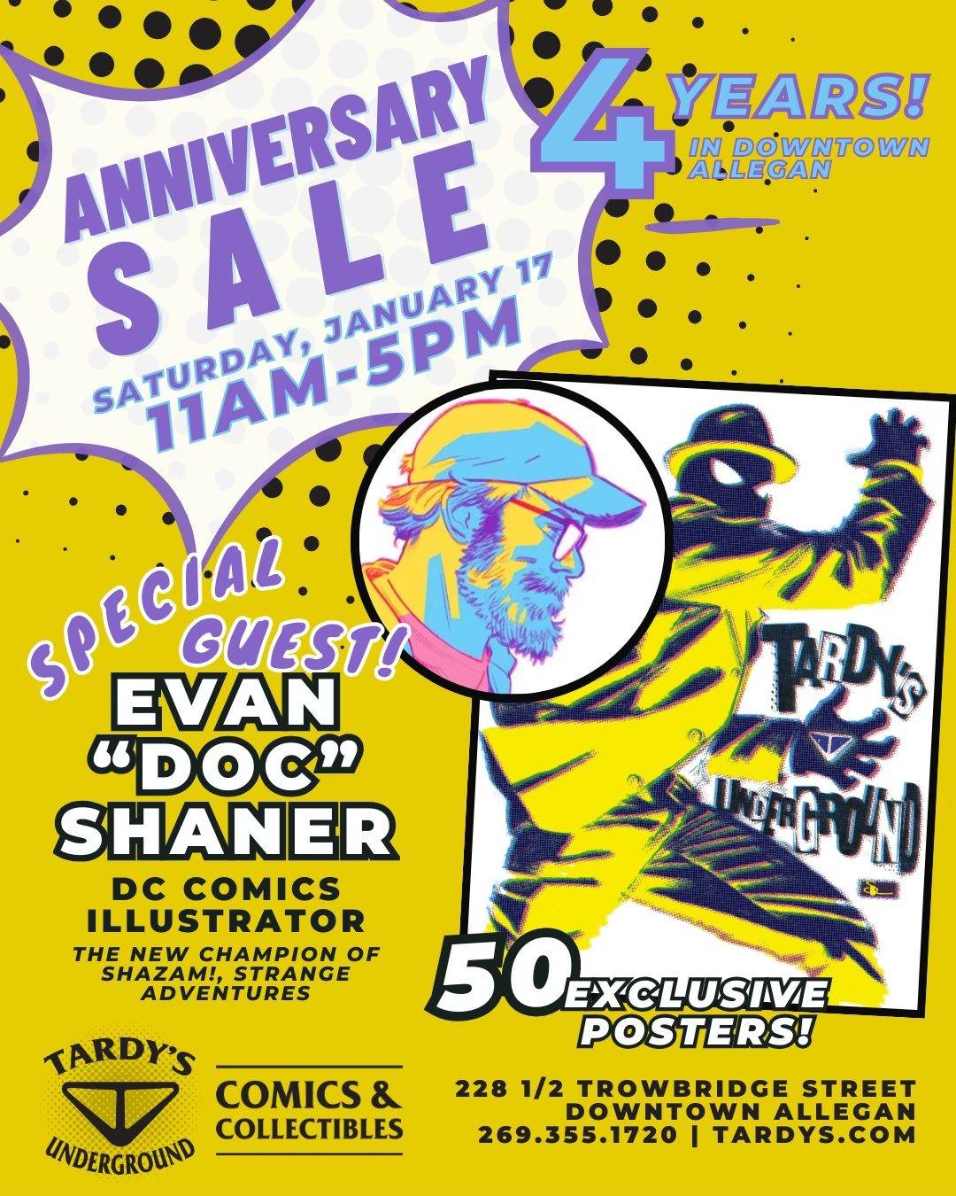 Colorful event poster for Tardy's Underground announcing an anniversary sale with guest illustrator Evan "Doc" Shaner, 50 exclusive posters, and event details including time and location.