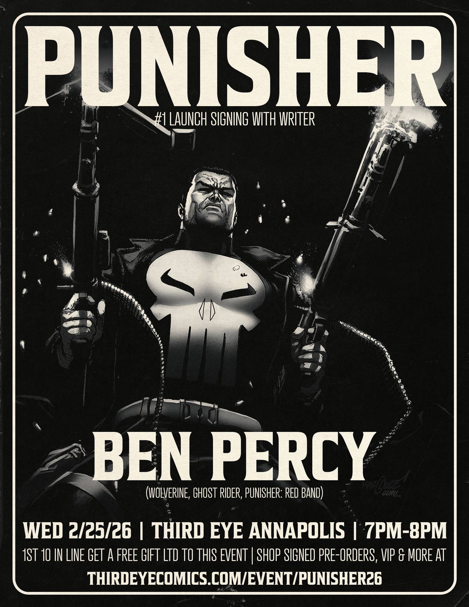 Comic book event poster featuring the Punisher character and announcing a launch signing with writer Ben Percy at Third Eye Annapolis on 2/25/26 from 7-8pm.