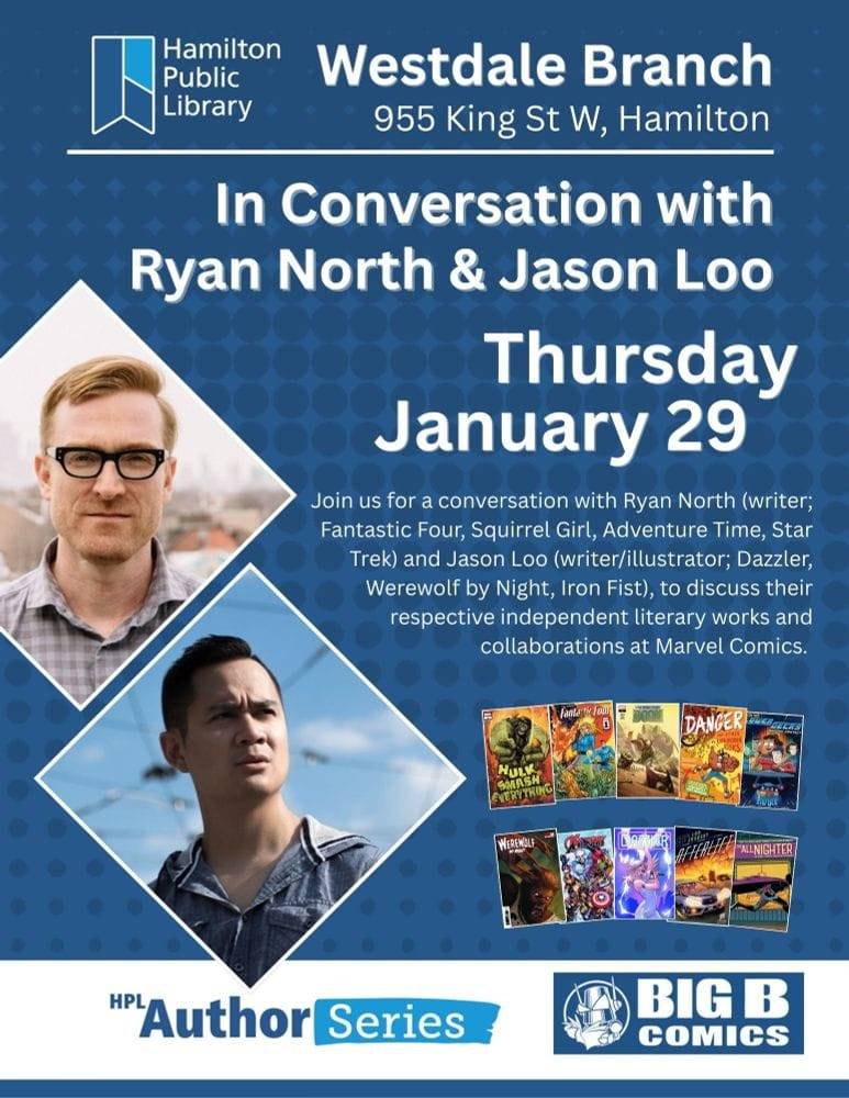 Event poster for a conversation with writers Ryan North and Jason Loo at Hamilton Public Library, Westdale Branch, on Thursday, January 29, featuring their comics work.