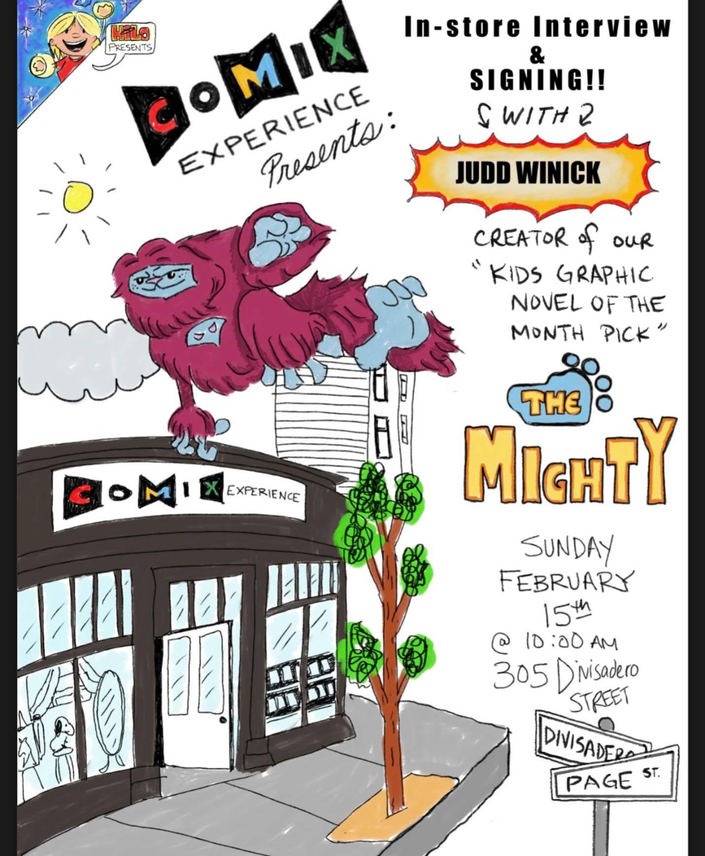 Illustrated poster for a Judd Winick book signing at Comix Experience featuring a large purple creature leaping over the store building. Event details are listed below.