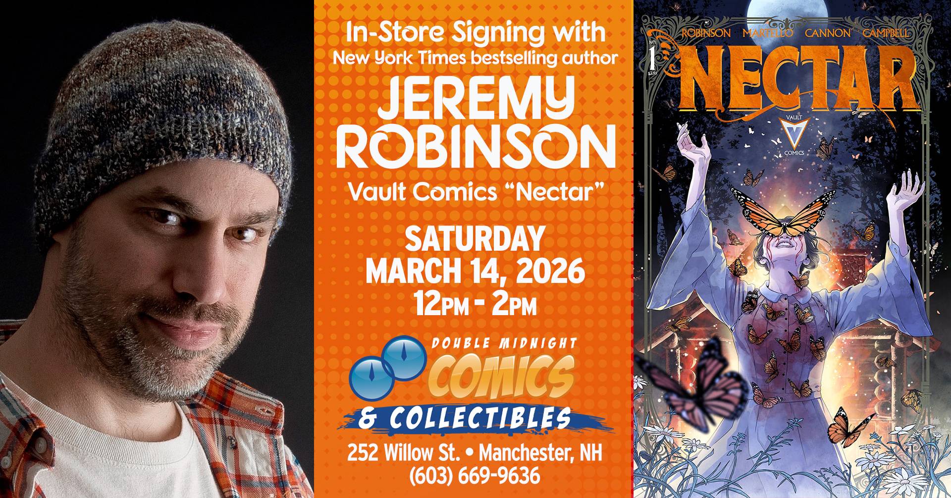 Promotional flyer for an in-store signing with author Jeremy Robinson featuring Vault Comics' "Nectar," scheduled for March 14, 2026, at Double Midnight Comics & Collectibles.