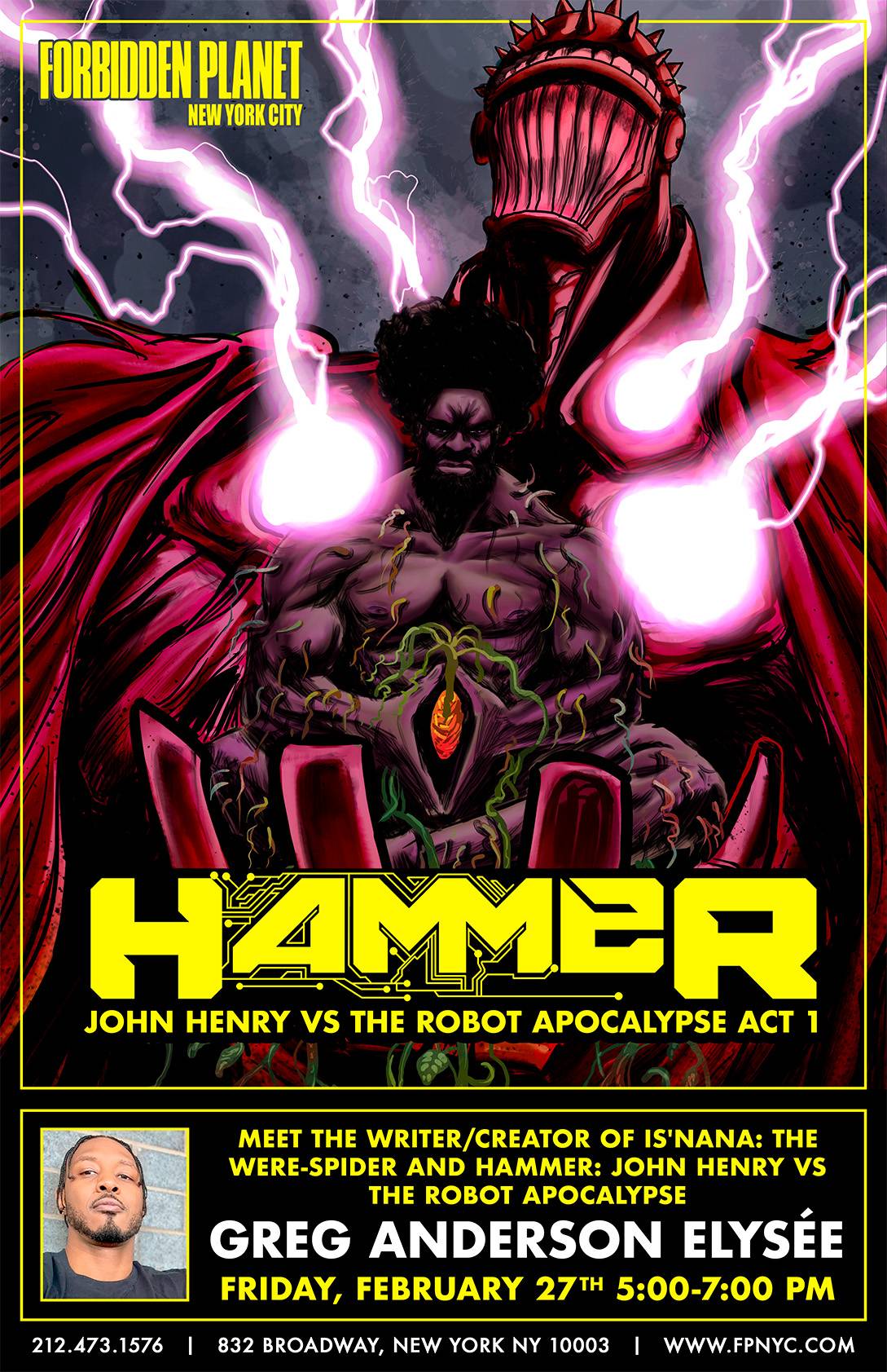 A comic book cover features a muscular Black superhero with glowing eyes and a large hammer, standing before a menacing red robot. Event details for a signing with Greg Anderson Elysée are below.