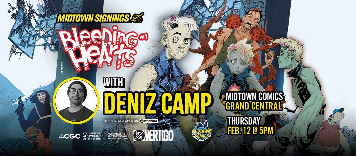 Promotional banner for a Midtown Comics signing event for "Bleeding Hearts #1" with Deniz Camp, scheduled for Thursday, Feb. 12 at 5 PM at Midtown Comics Grand Central.