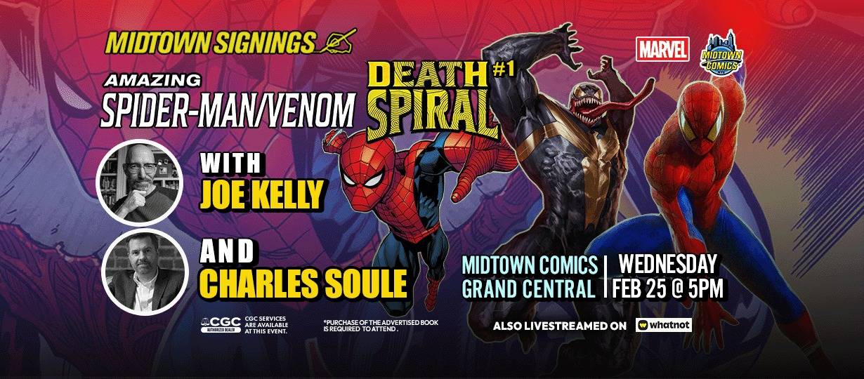 Promotional banner for a Midtown Comics signing event with Joe Kelly and Charles Soule for "Amazing Spider-Man/Venom: Death Spiral #1" on Feb 28 at 5pm, also livestreamed.