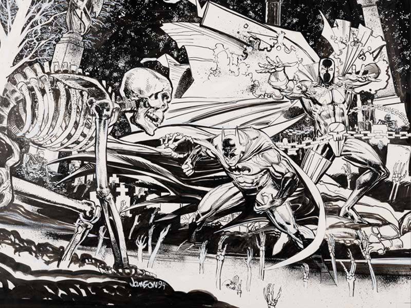 Batman and a caped figure face a large skeleton in a graveyard, with skeletal hands reaching up from the ground and tombstones in the background.