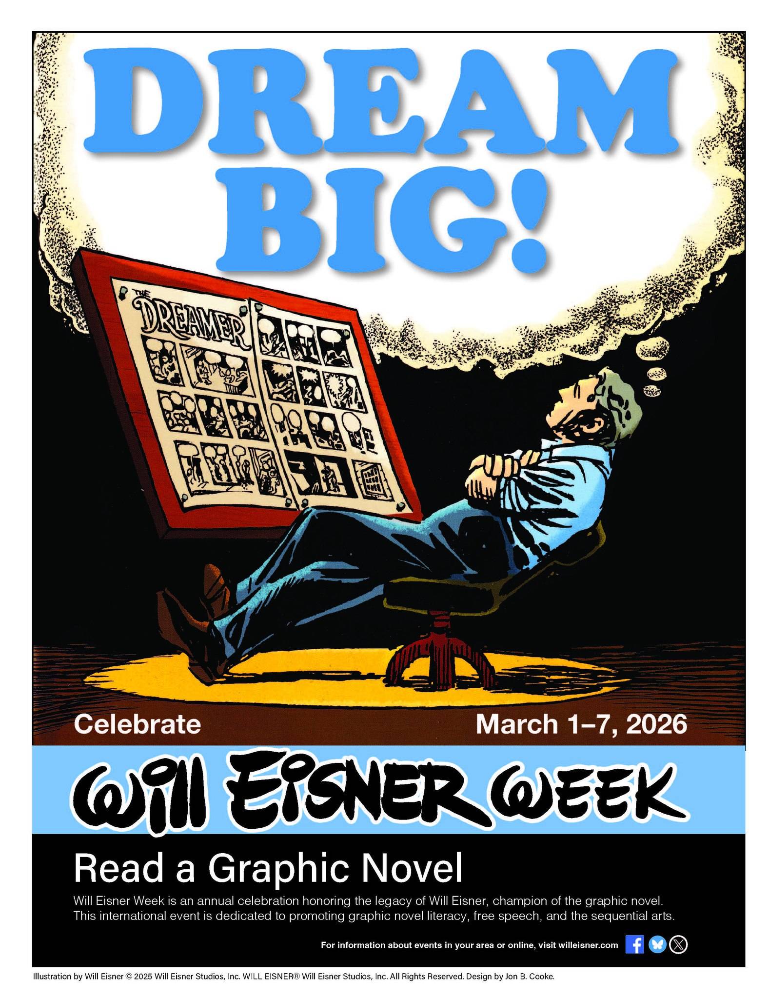 A person sits in a chair, dreaming of creating comics, in front of a large poster labeled "Dreamer." Text promotes Will Eisner Week, March 1–7, 2026, encouraging reading graphic novels.