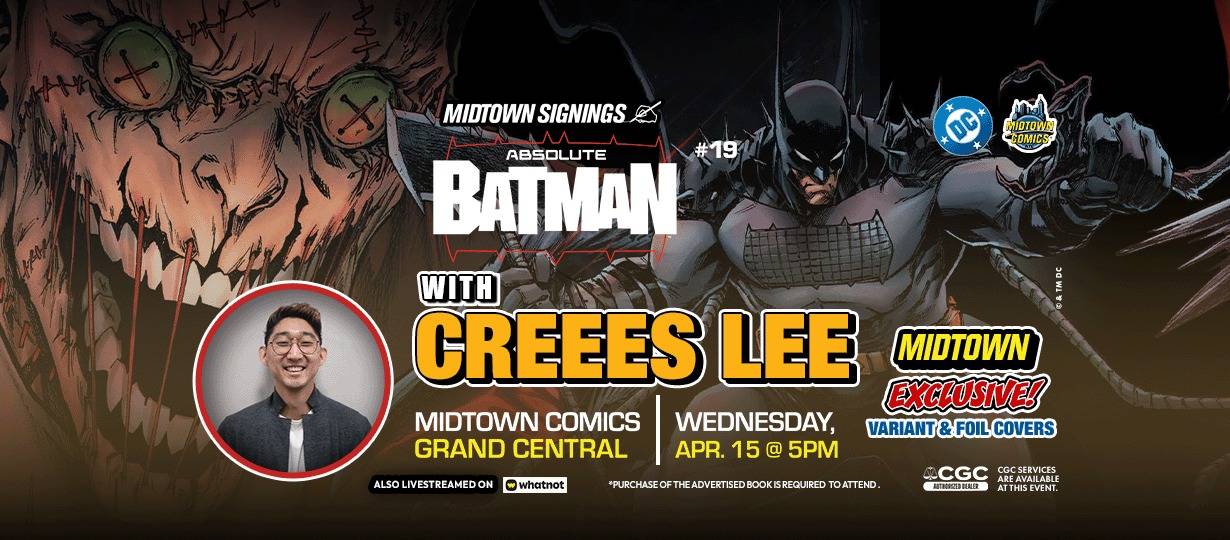 Promotional banner for a Batman comic signing event with Creees Lee at Midtown Comics Grand Central on April 15 at 5 PM, featuring Batman artwork and event details.