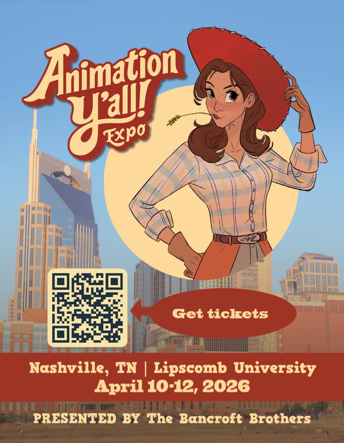 Poster for Animation Y’all Expo 2026 featuring a cartoon woman in a cowboy hat, event details, a QR code, and Nashville city skyline in the background.