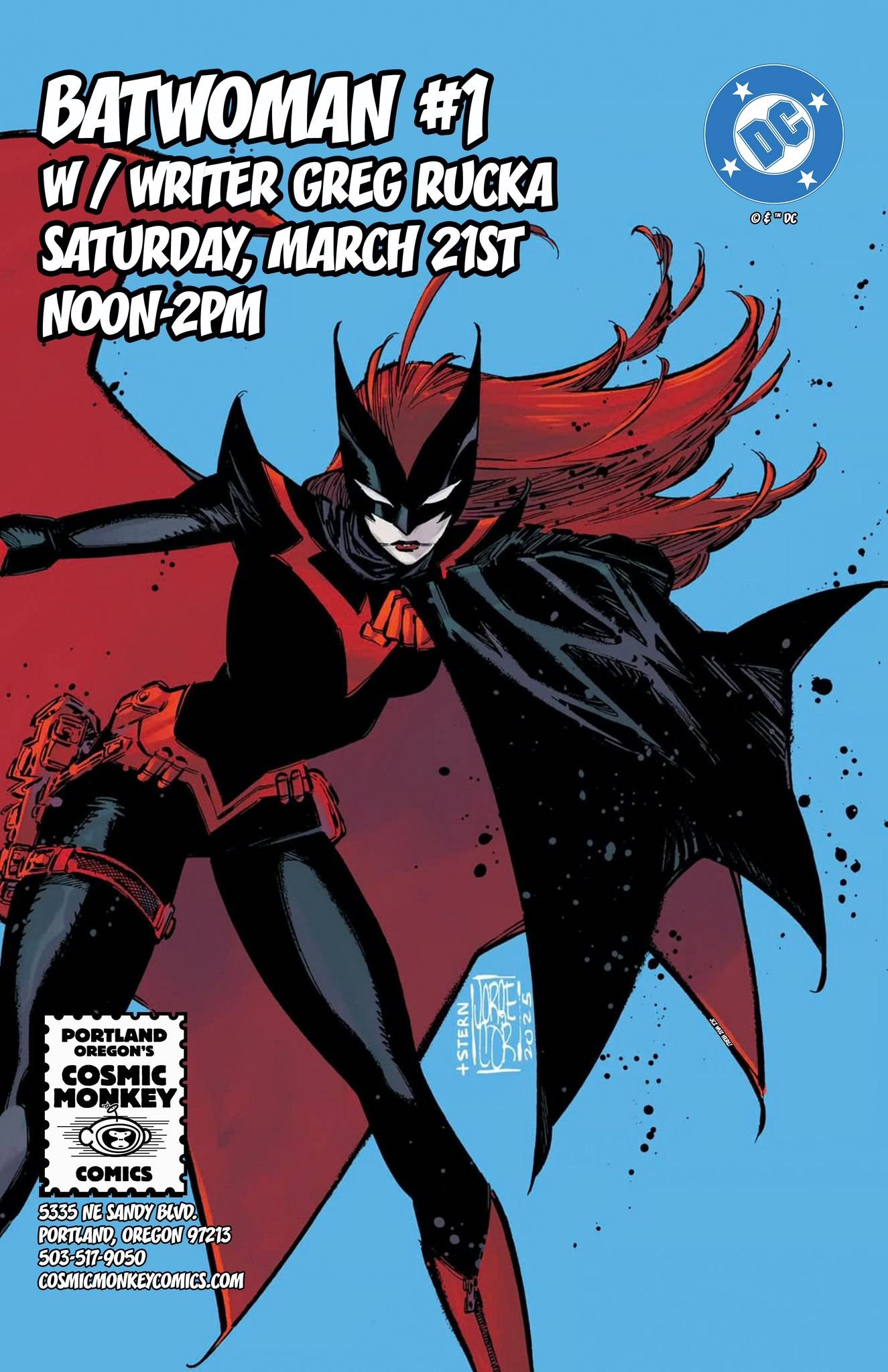 Comic book cover featuring Batwoman in costume against a blue background, with event details for a signing by writer Greg Rucka at Cosmic Monkey Comics.