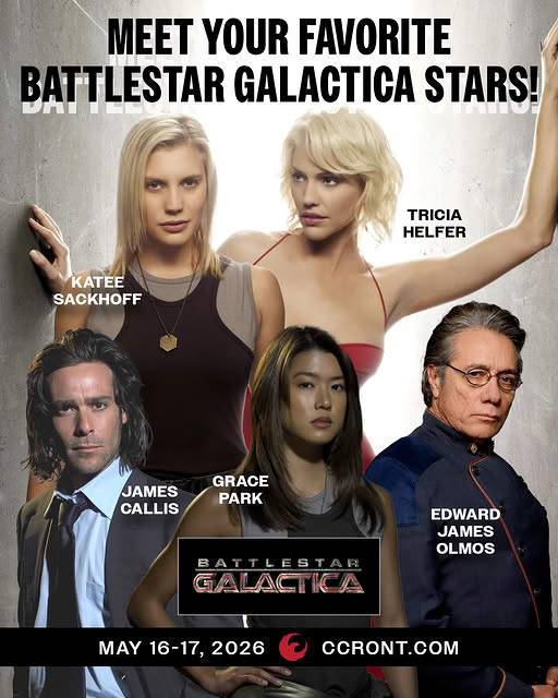 Promotional poster featuring five Battlestar Galactica actors with event details: May 16-17, 2026, CCRONT.com.