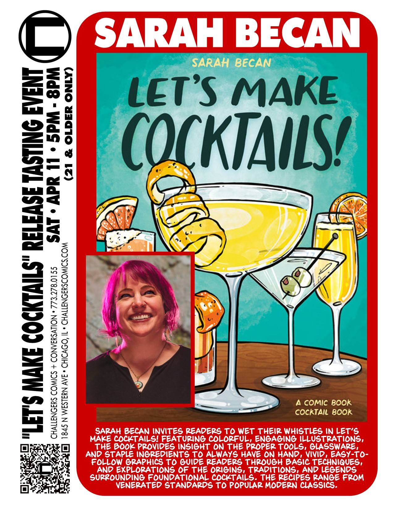 Promotional poster for Sarah Becan’s "Let’s Make Cocktails!" comic book cocktail guide, featuring illustrated cocktails, event details, and a photo of the author smiling.