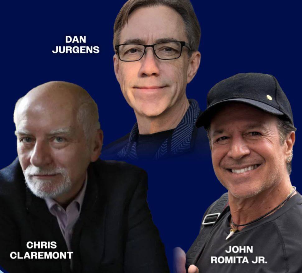 Three men are shown against a blue background with their names labeled: Dan Jurgens at the top, Chris Claremont on the left, and John Romita Jr. on the right.