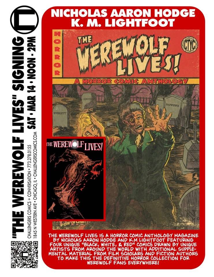 Poster for “The Werewolf Lives!” signing event featuring horror comic artwork, event details, and book information in a red, black, and yellow color scheme.