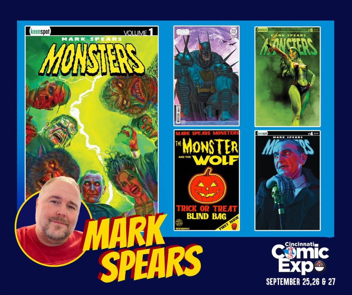 Comic book artist Mark Spears is featured alongside various illustrated covers of his work, with event details for the Cincinnati Comic Expo on September 25-27.