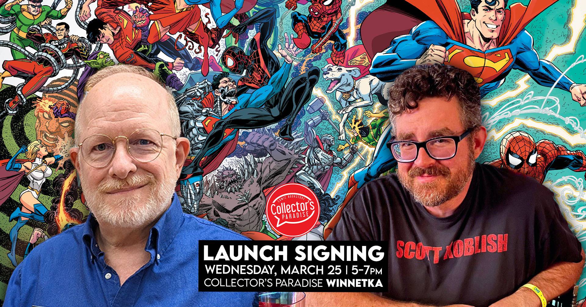 Two men pose in front of a colorful comic book-themed backdrop, with event details for a launch signing at Collector's Paradise Winnetka displayed at the bottom.
