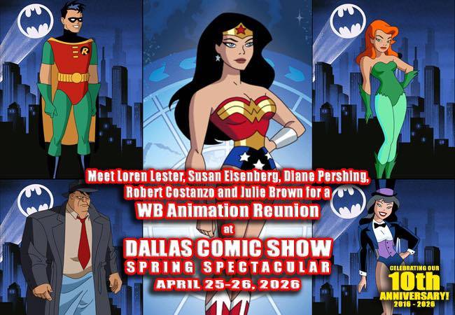 Promotional graphic for Dallas Comic Show Spring Spectacular 2026 featuring animated Batman characters and event details.