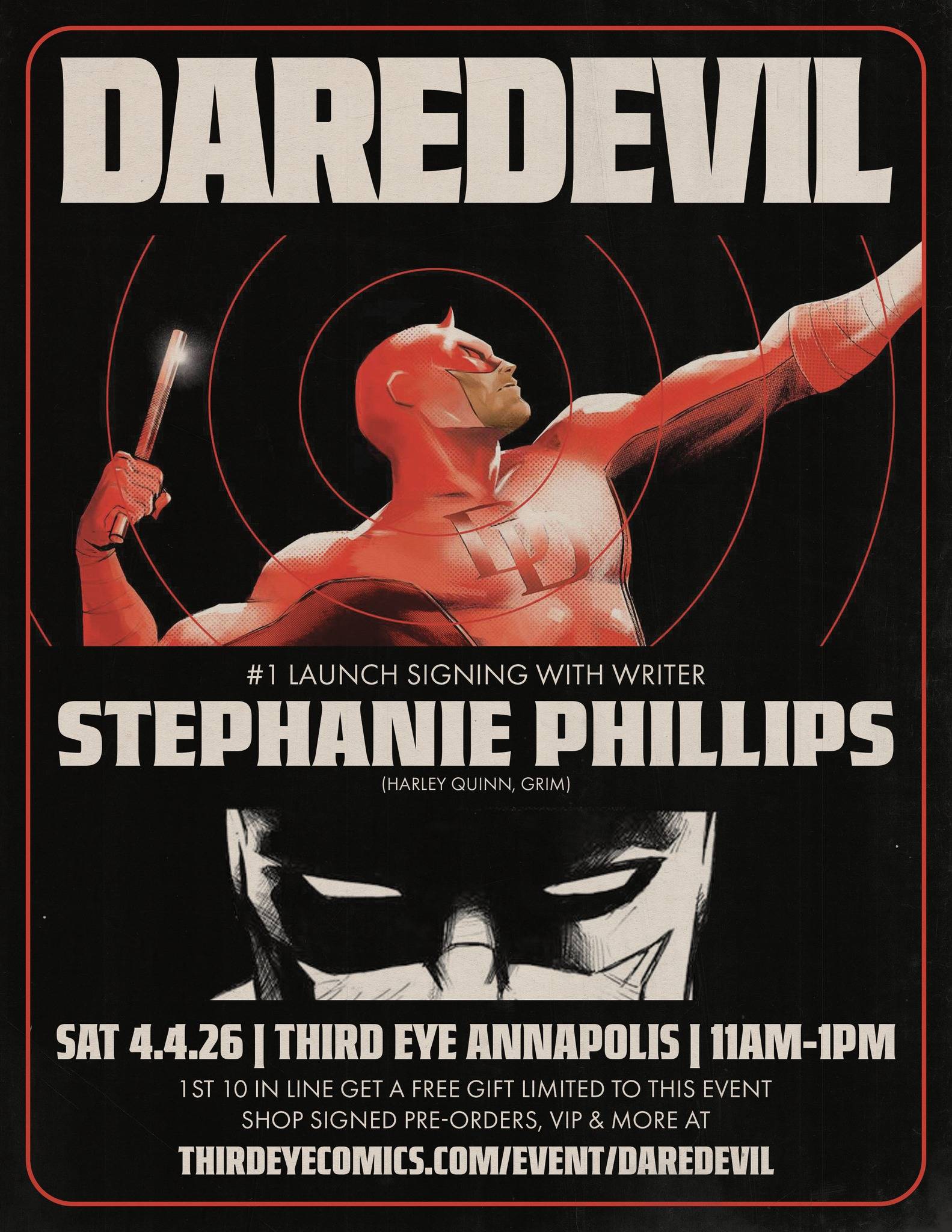 Poster for a Daredevil comic signing event with writer Stephanie Phillips, held at Third Eye Annapolis on April 4, 2026, from 11am to 1pm.