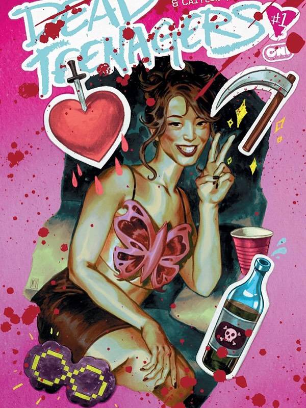 Illustrated woman smiling and flashing a peace sign, surrounded by sticker-like icons: a heart, scythe, sunglasses, bottle, and blood stains, on a pink background with “Dead Teenagers” text.