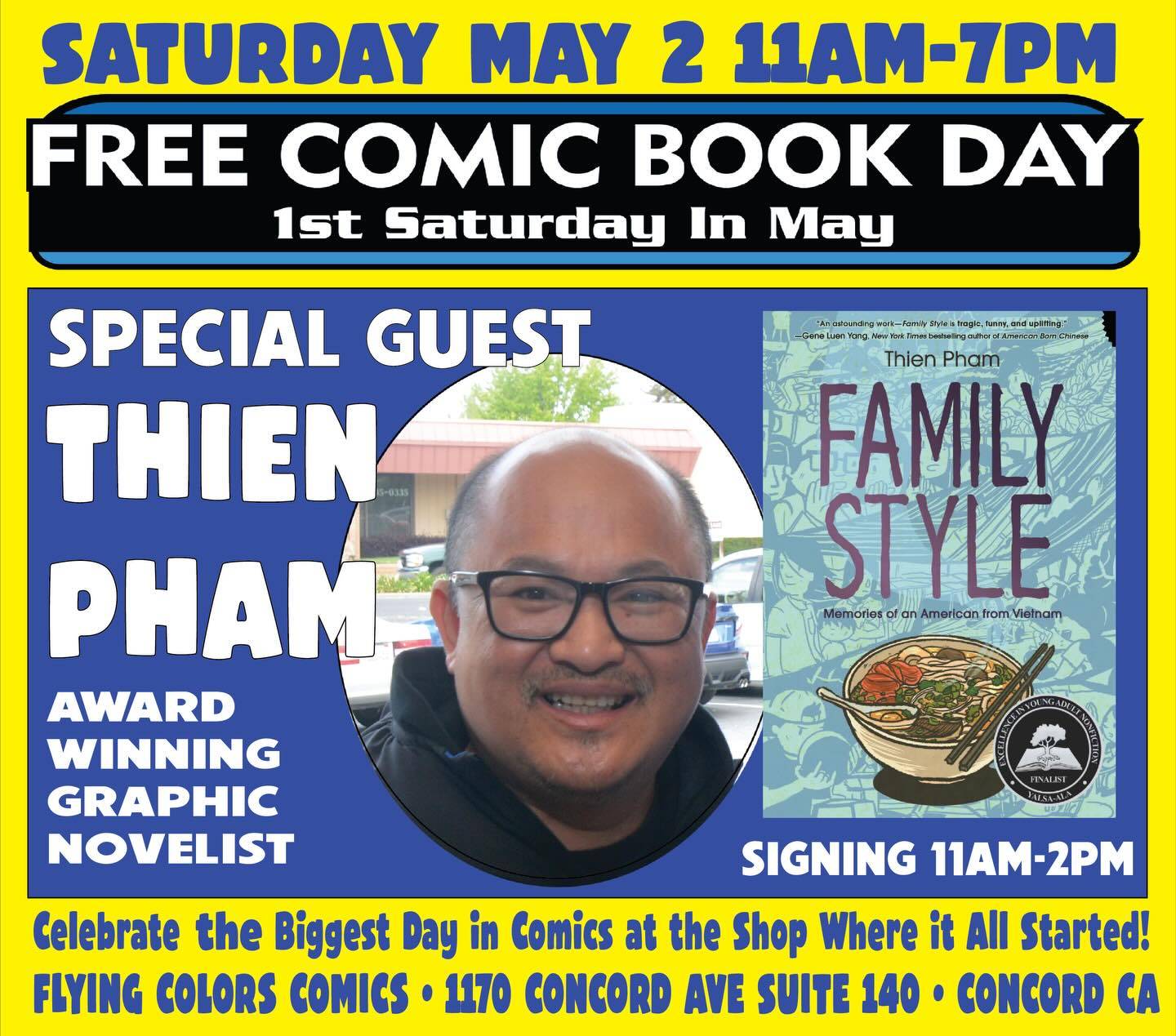 Event poster: Free Comic Book Day on Saturday, May 2, 11am–7pm at Flying Colors Comics, Concord, CA, with graphic novelist Thien Pham signing from 11am–2pm.