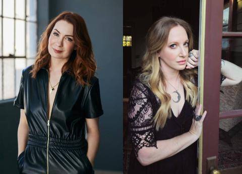 Two women are shown in separate portraits; one stands indoors in front of a window wearing a black zip-up outfit, while the other poses by a door wearing a black lace dress.