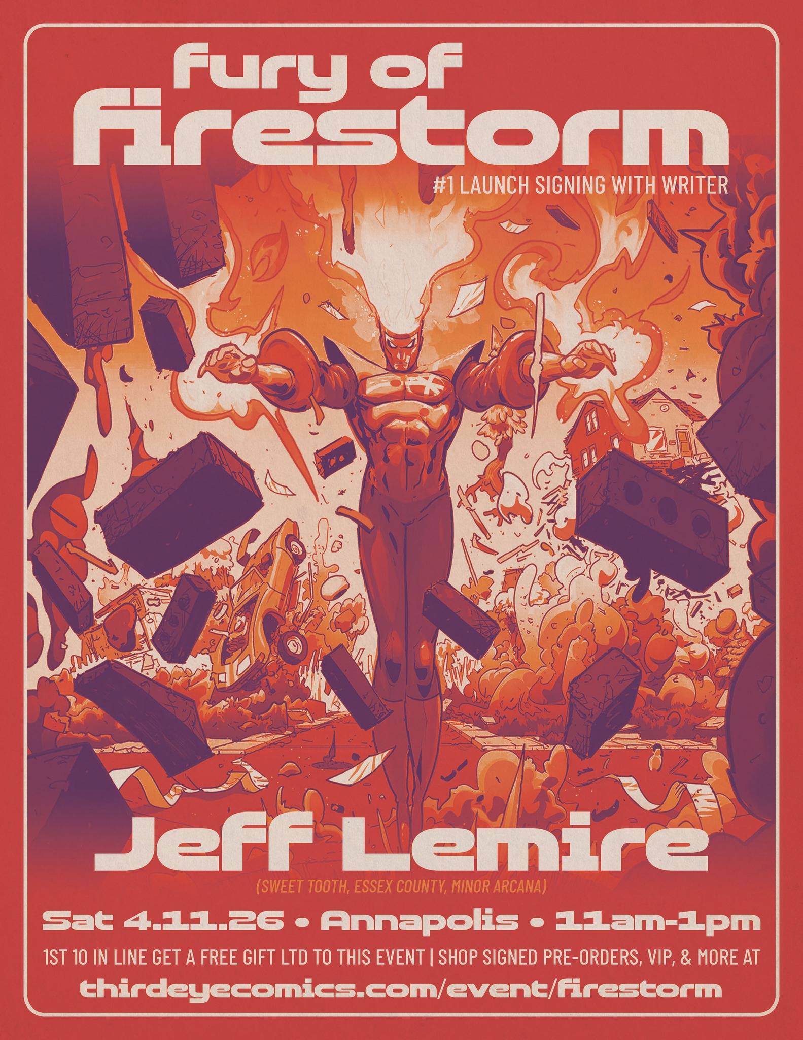 Comic book style poster featuring Firestorm in a dramatic pose amid explosions and debris, promoting a launch signing event with writer Jeff Lemire in Annapolis on April 11, 2026.