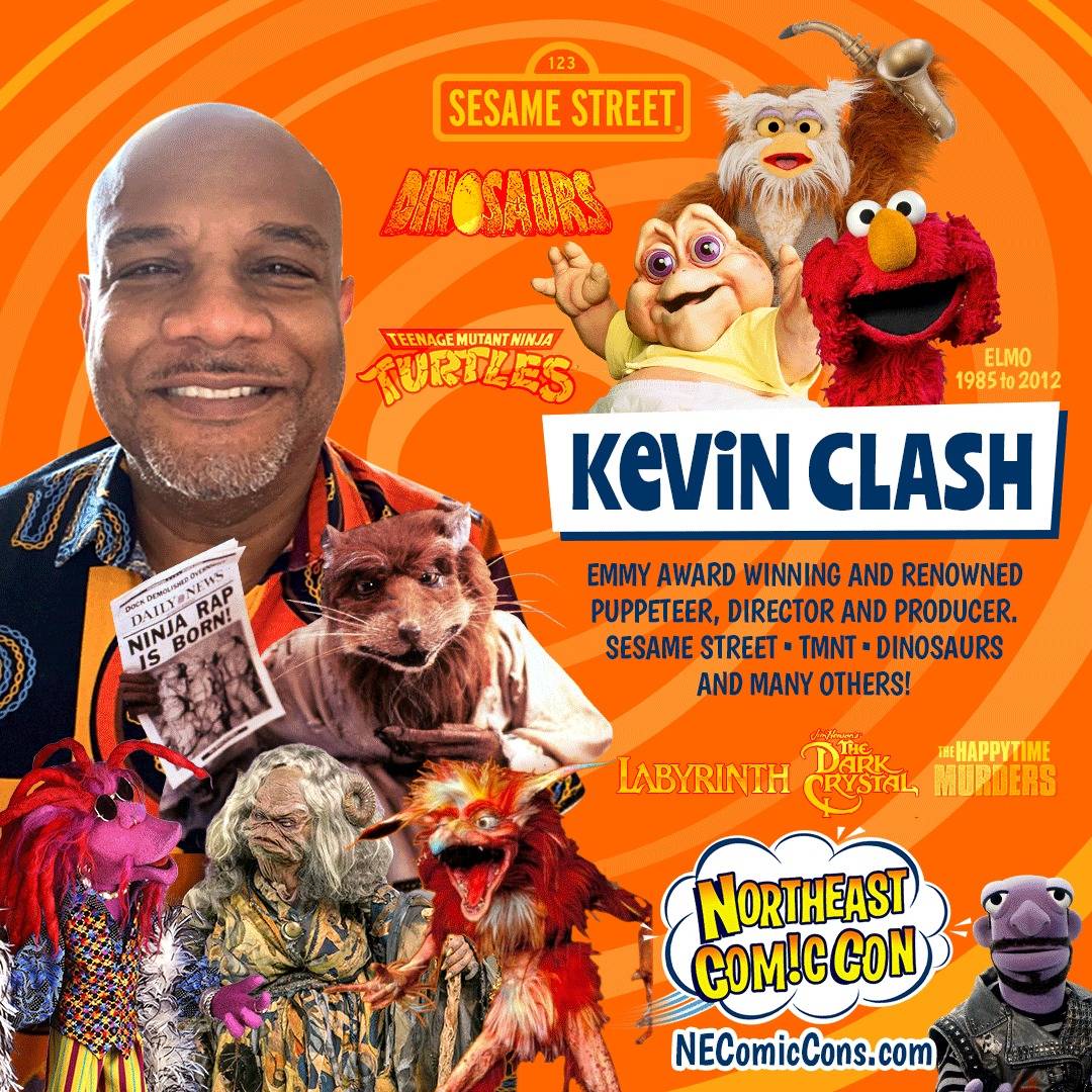 Portrait of Kevin Clash with images of characters he’s performed, including Elmo, and event details for Northeast ComicCon on an orange background.