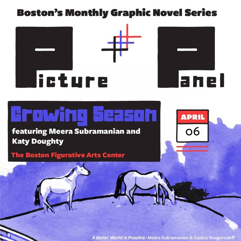 Event poster for "Picture Panel: Growing Season" on April 6 at The Boston Figurative Arts Center; includes drawings of two horses grazing on grass.