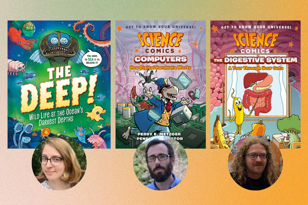 Three illustrated science book covers are displayed above headshots of three authors against a gradient background.