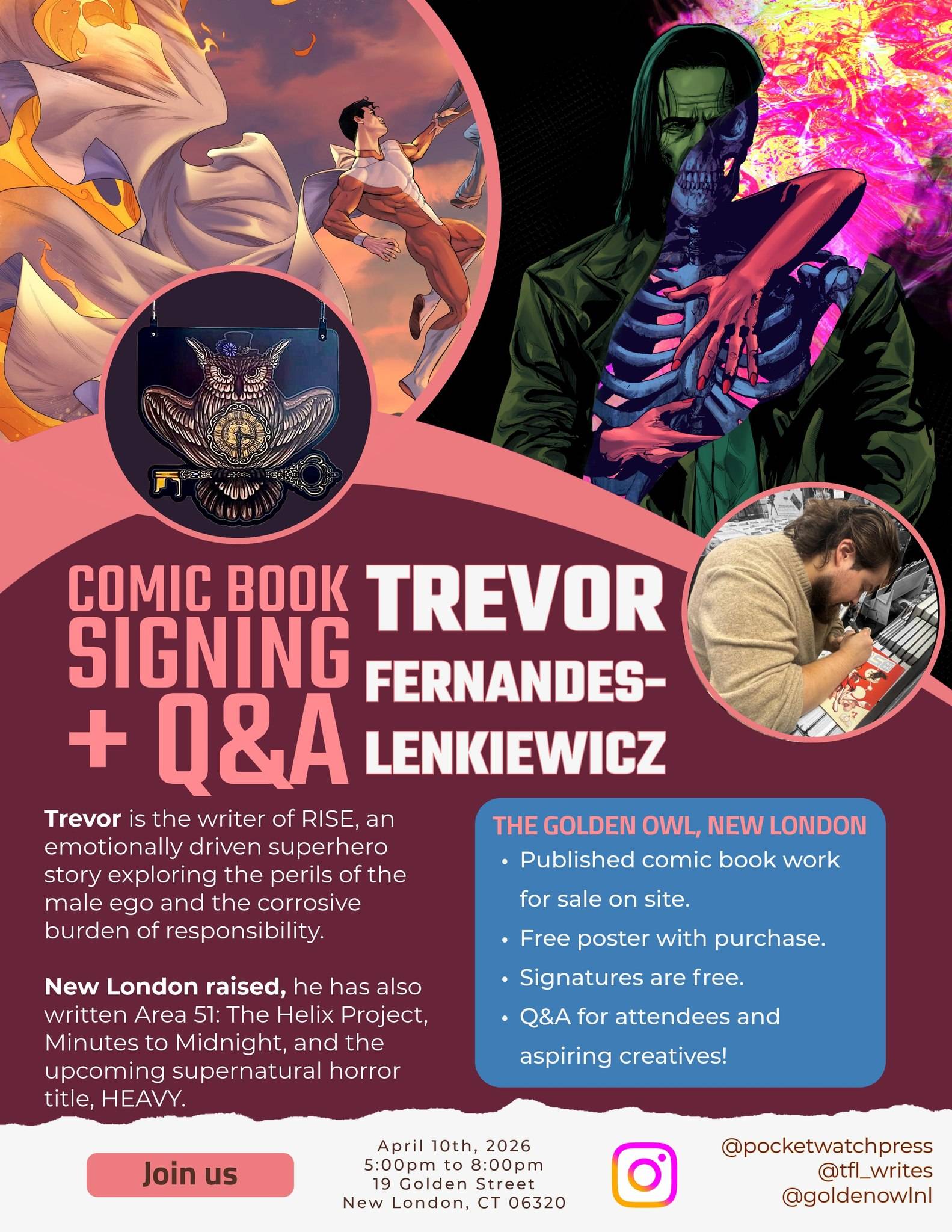 Poster for a comic book signing and Q&A with Trevor Fernandes-Lenkiewicz at The Golden Owl, New London, showing comic art, event details, and a photo of the author signing books.