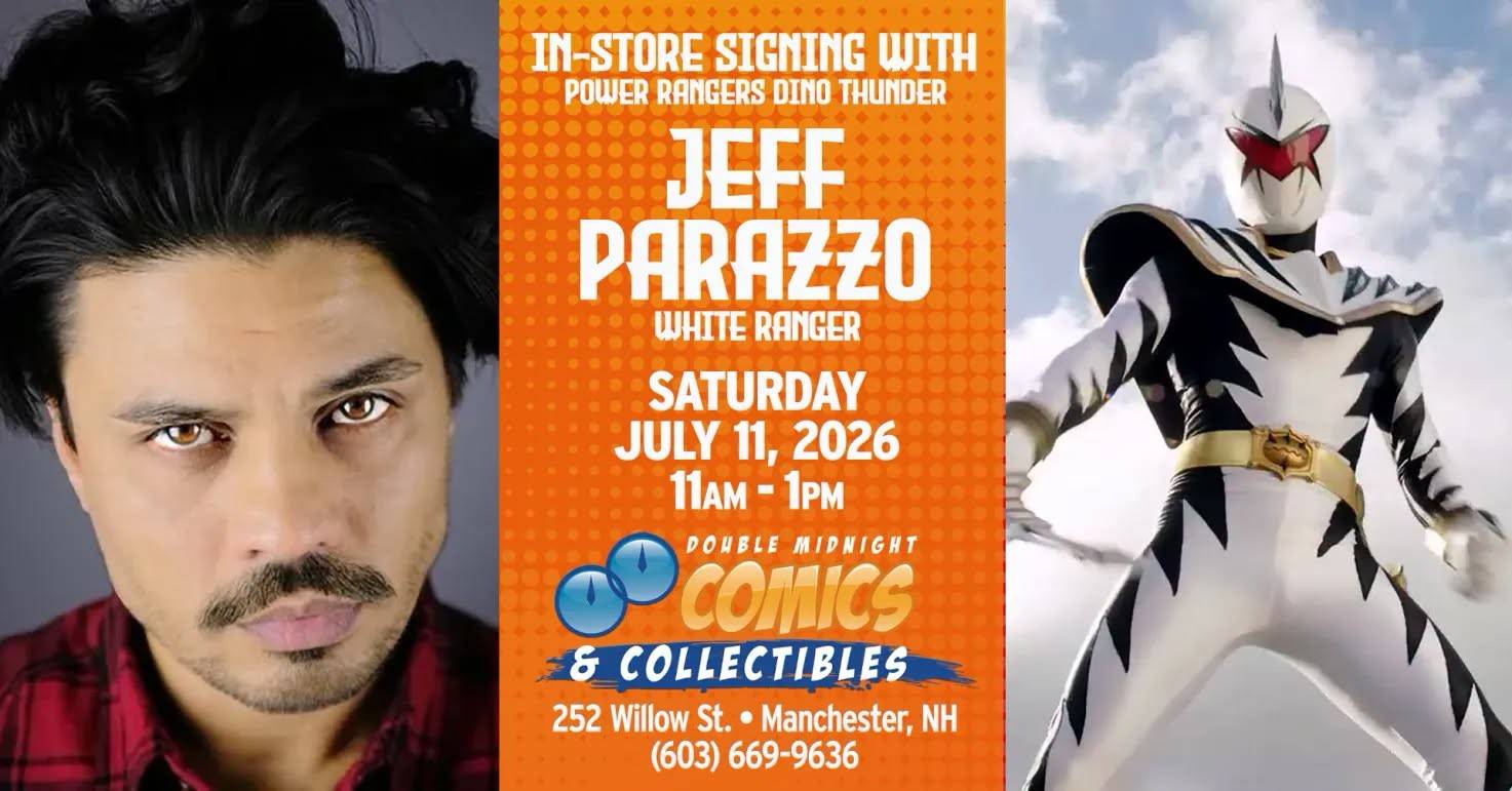 Promotional poster for an in-store signing with Jeff Parazzo, White Ranger from Power Rangers Dino Thunder, at Double Midnight Comics in Manchester, NH on July 11, 2026, 11am–1pm.