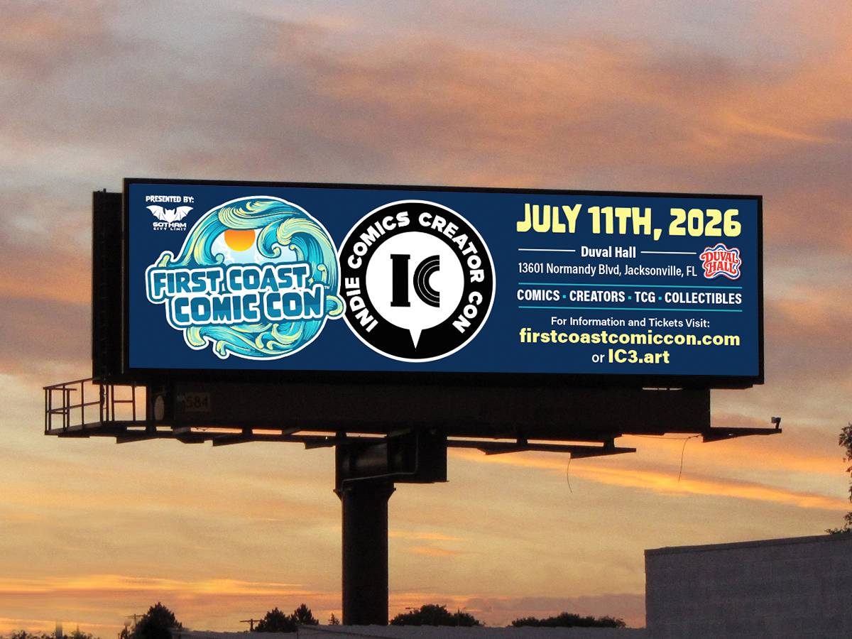 A digital billboard advertises First Coast Comic Con on July 11, 2026, at Duvall Hall in Jacksonville, FL, with event details and website links.