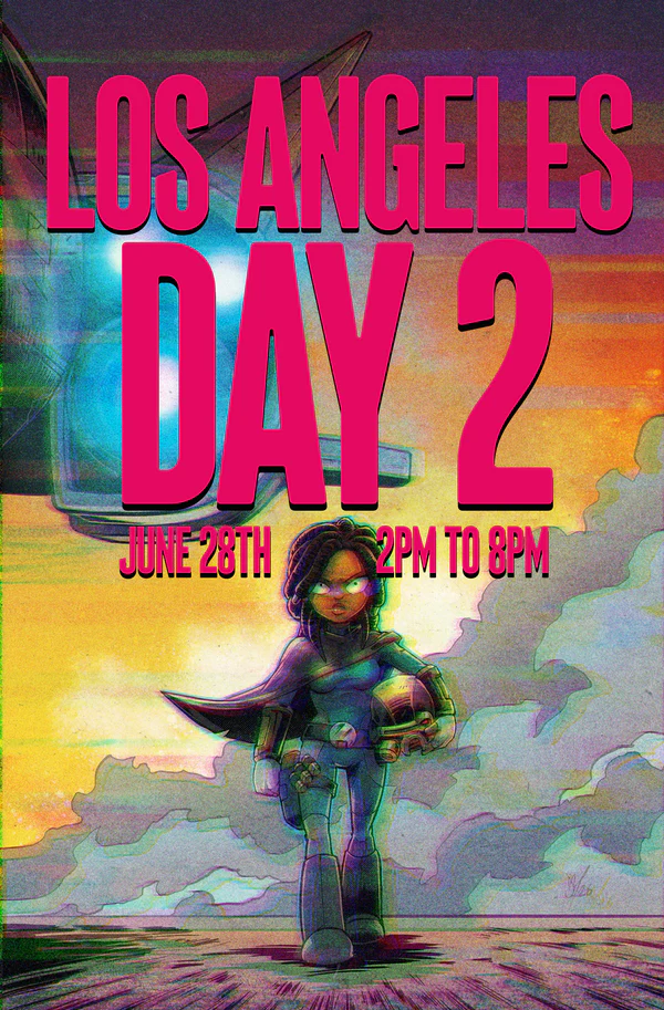 Poster with "LOS ANGELES DAY 2" in large pink letters, June 28th, 2PM to 8PM, and a cartoon superhero standing in front of a colorful, cloudy sky and aircraft.