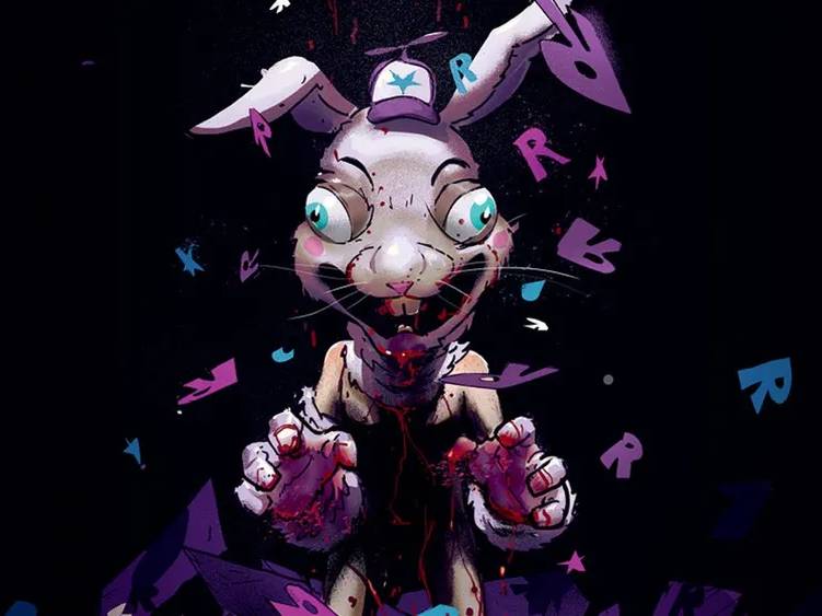 A cartoonish, wide-eyed, humanoid rabbit in a cap stands with outstretched claws, surrounded by floating purple shards and letters, against a dark background.