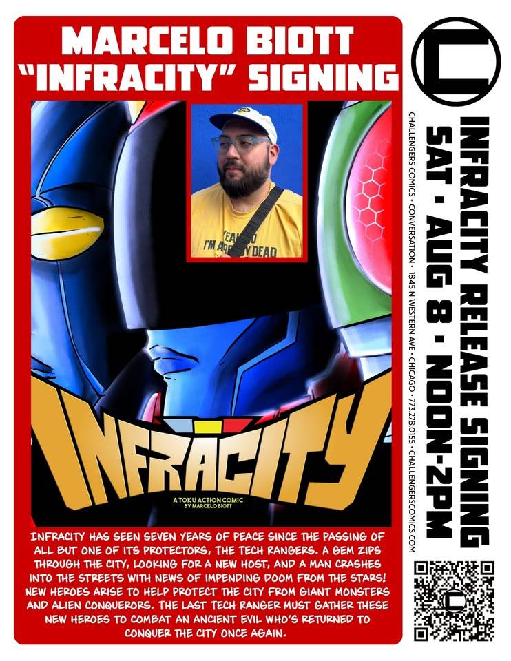 Poster for the "Infracity" comic release signing event with creator Marcelo Biott's photo, event details, comic logo, and a brief synopsis at the bottom.